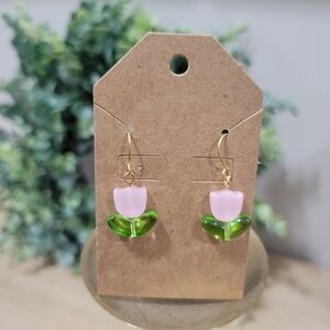 New 18k Gold Plated Cute Pink Tulip Glass Spring Flower Dainty Earrings Gift